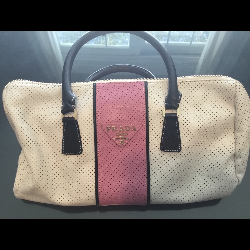 PRADA. Saffiano Fori Boston Satchel Handbag